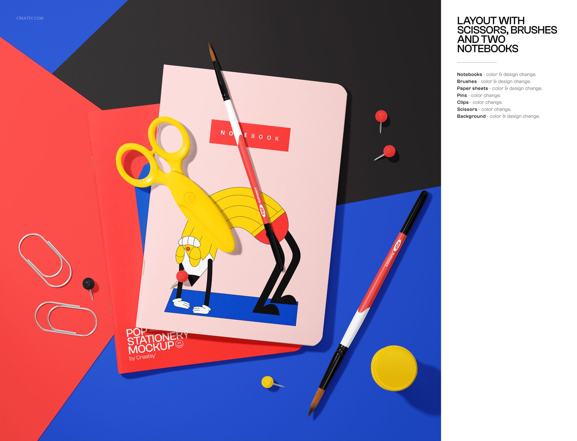 Top view of a back-to-school stationery mockup with notebooks, scissors, paintbrush, pens, push pins, and paper clips on a geometric background.