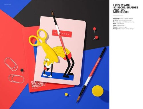 Top view of a back-to-school stationery mockup with notebooks, scissors, paintbrush, pens, push pins, and paper clips on a geometric background.