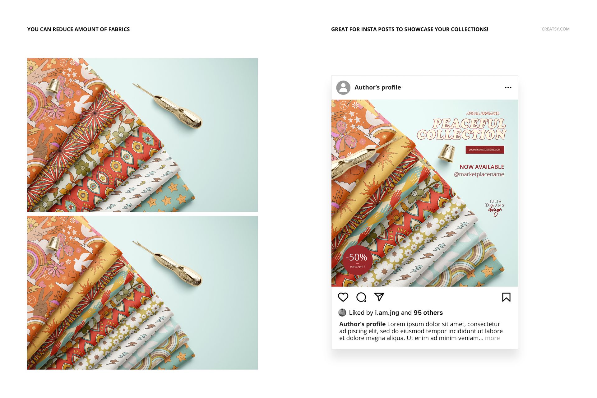 PSD mockup of patterned textiles, including floral and geometric prints, with gold scissors placed beside the fabrics.