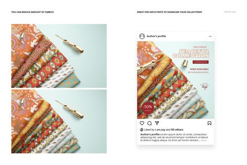 PSD mockup of patterned textiles, including floral and geometric prints, with gold scissors placed beside the fabrics.