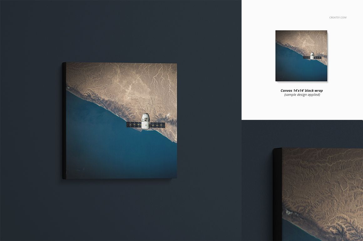 Front view of a rectangular canvas print mockup featuring a landscape image with black wrap edges on a dark wall.