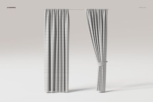 Front view of a curtain with tiebacks, featuring a grid pattern on light fabric, displayed against a plain background.