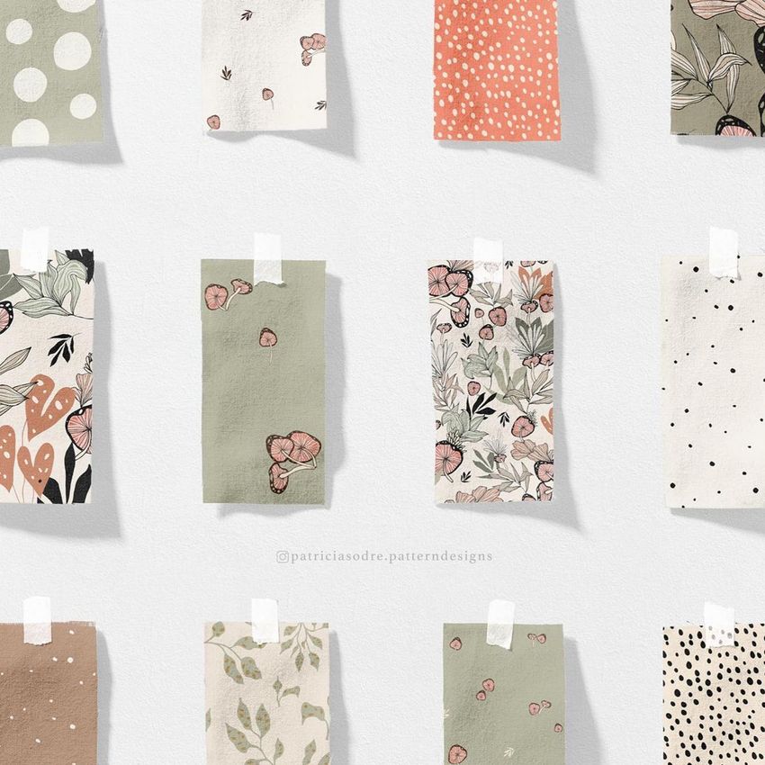 Fabric mockup featuring multiple rectangular fabric pieces with various botanical and polka dot patterns taped to a white wall.