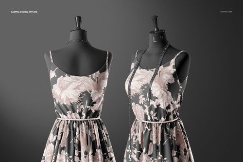 PSD mockup featuring a floral-patterned sleeveless dress on mannequins, set against a plain gray background.