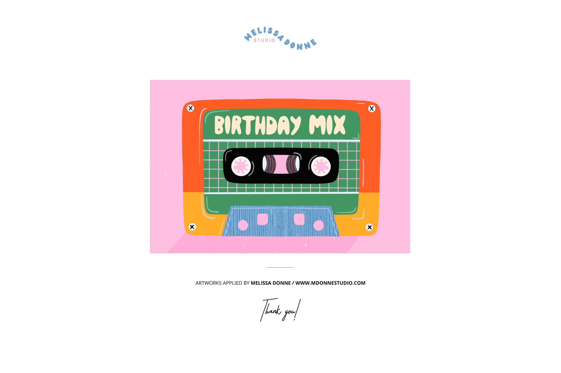 A5 card mockup featuring a colorful cassette tape illustration labeled 'Birthday Mix' on a pink background.