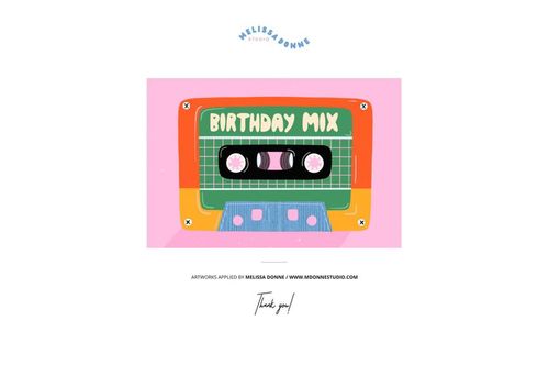 A5 card mockup featuring a colorful cassette tape illustration labeled 'Birthday Mix' on a pink background.