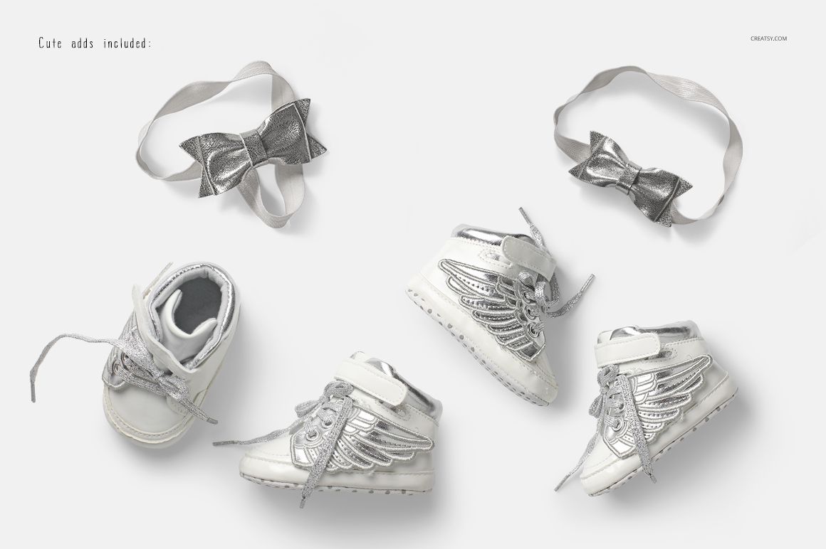 Kids footwear mockup featuring shiny silver sneakers with wing accents and matching silver bows.