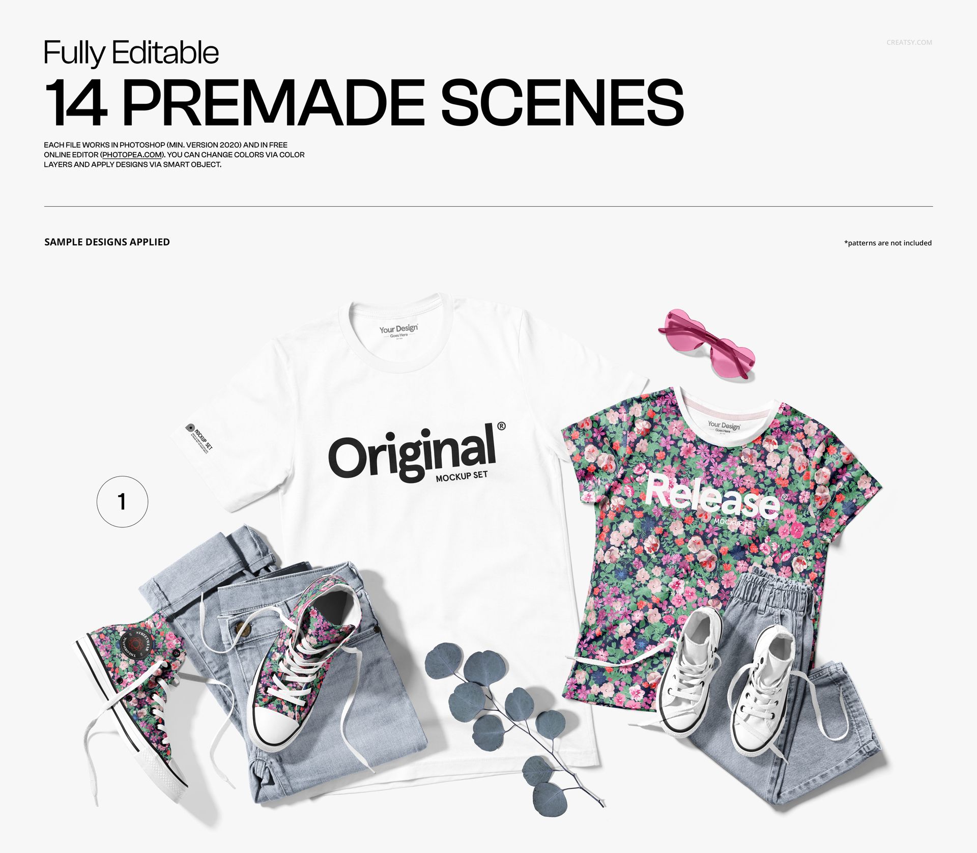 Front view of adult and child t-shirts in a PSD mockup, styled with jeans, sneakers, and floral accessories.