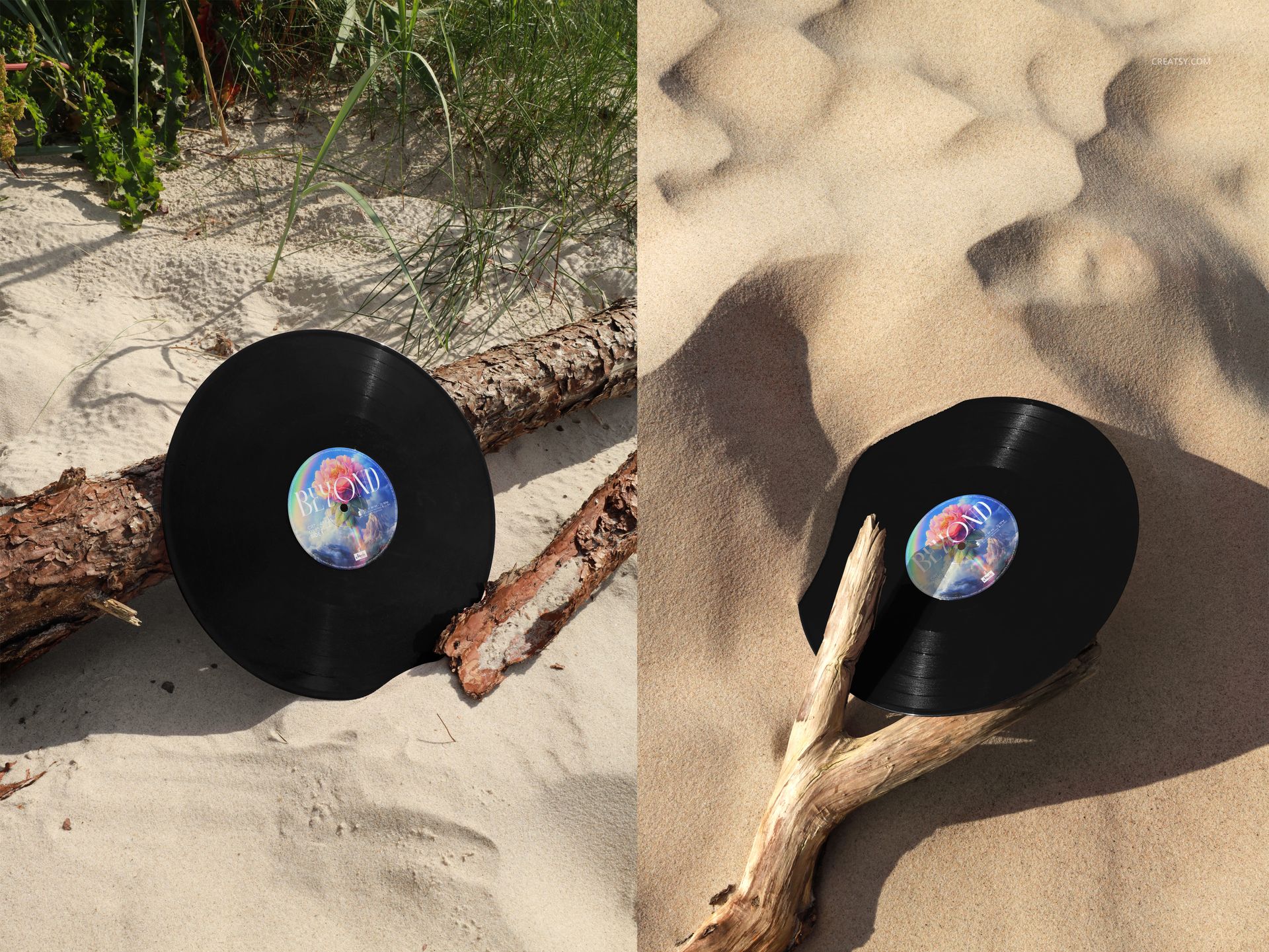 Vinyl record mockup featuring a black disc with a vibrant label, placed on sandy dunes and natural wood.