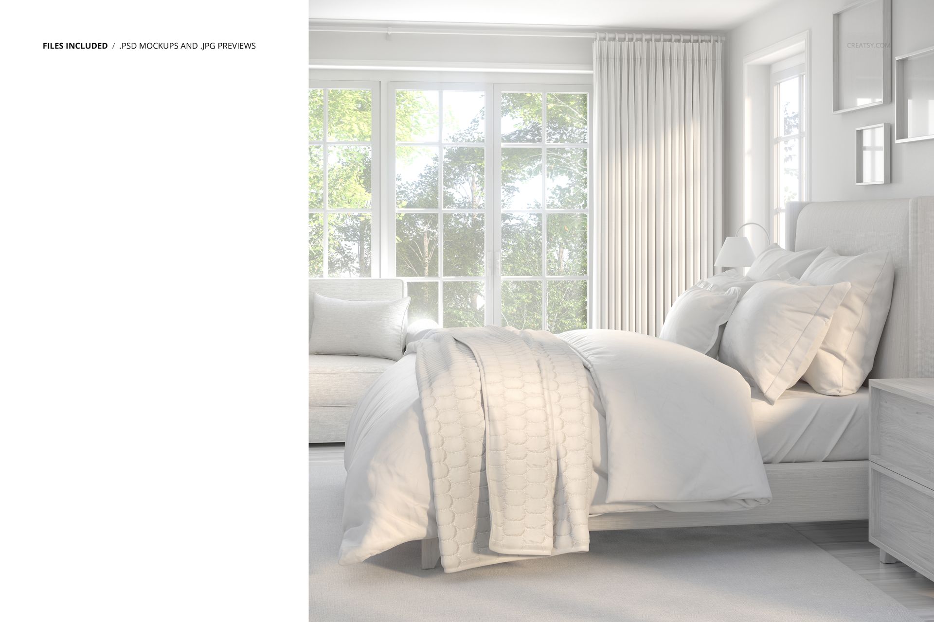 Front view of a contemporary bedroom mockup featuring an upholstered bed, bedside table, and coordinated bedding.
