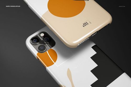 PSD mockup of iPhone 11 Pro snap cases with colorful geometric shapes, viewed from a close perspective highlighting the patterns.