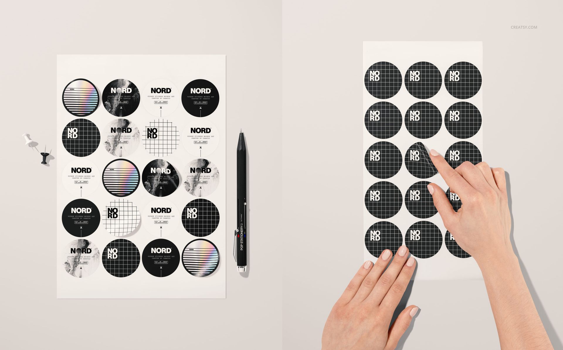 Round sticker PSD mockup set with various monochrome and holographic styles, pen and push pin nearby, top perspective.