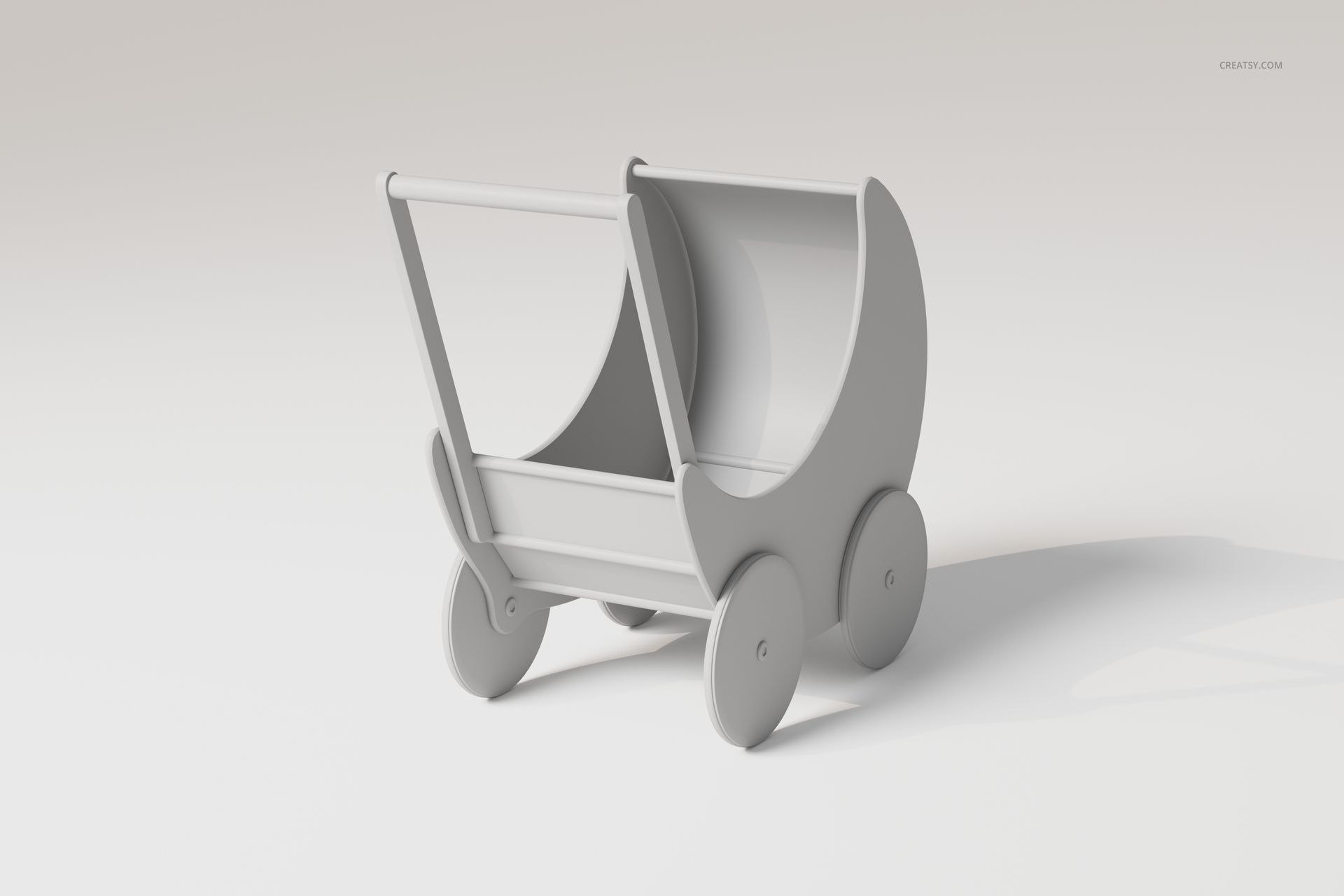 Front angled view of a baby doll stroller 3D model in solid light gray, featuring rounded sides and four wheels on a plain background.