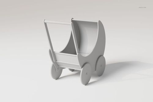 Front angled view of a baby doll stroller 3D model in solid light gray, featuring rounded sides and four wheels on a plain background.