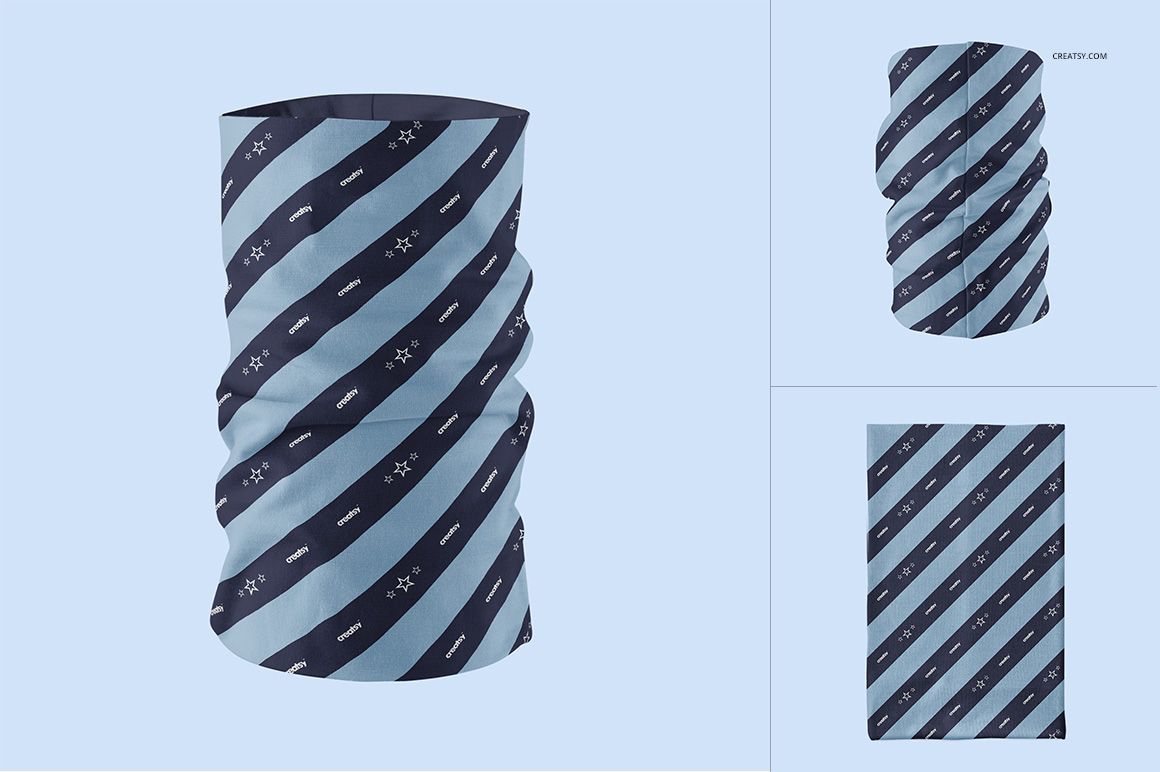 Neck gaiter with diagonal navy and light blue stripes, shown in three mockup views on a light blue background.