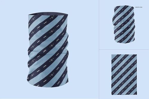Neck gaiter with diagonal navy and light blue stripes, shown in three mockup views on a light blue background.