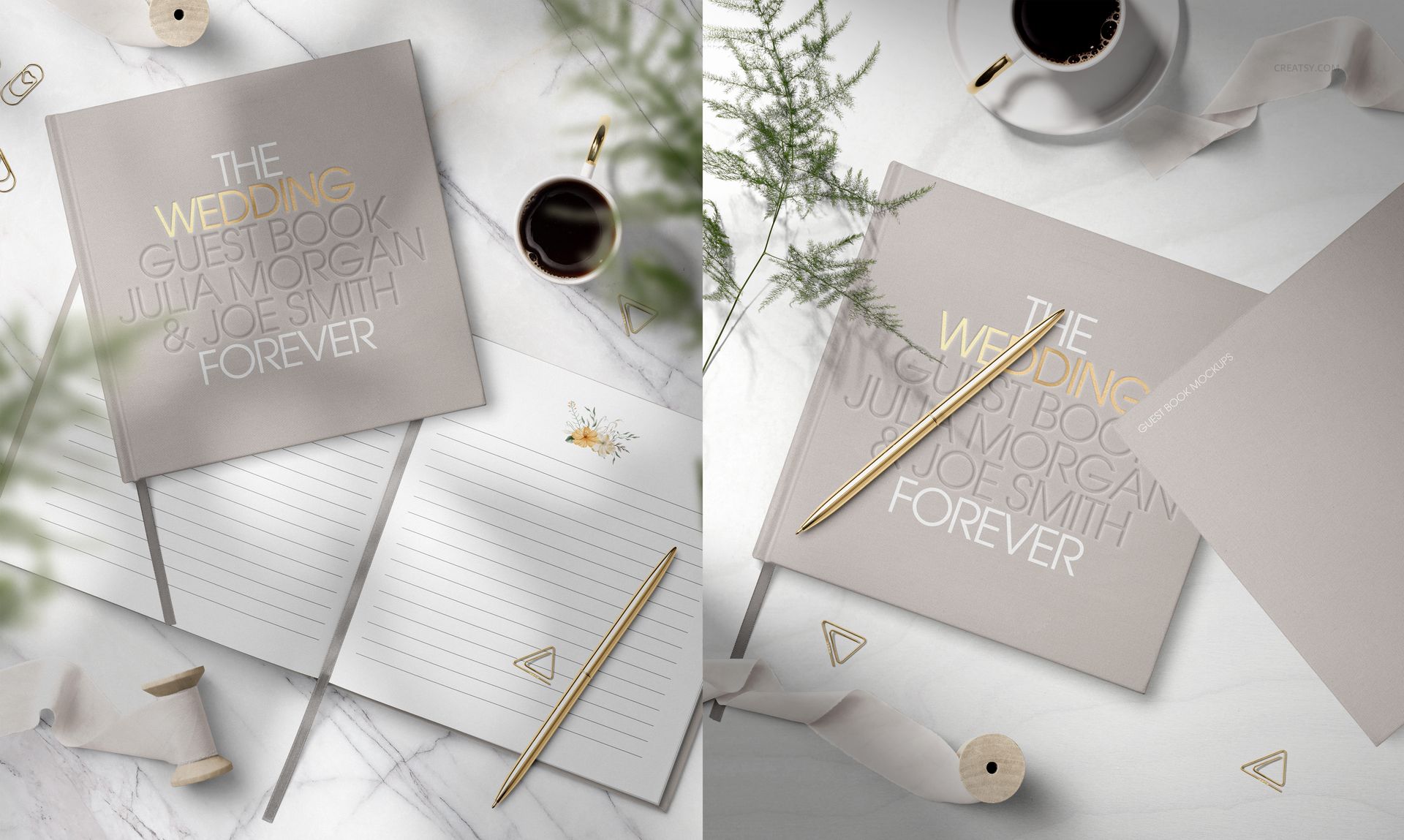 Wedding guest book mockup displayed on white marble background, featuring gold accents and decorative props.