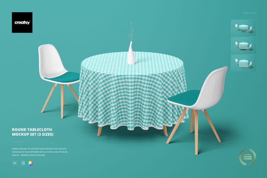 PSD mockup showing a round table with a patterned cloth, two chairs, and a minimalist teal-colored setting.