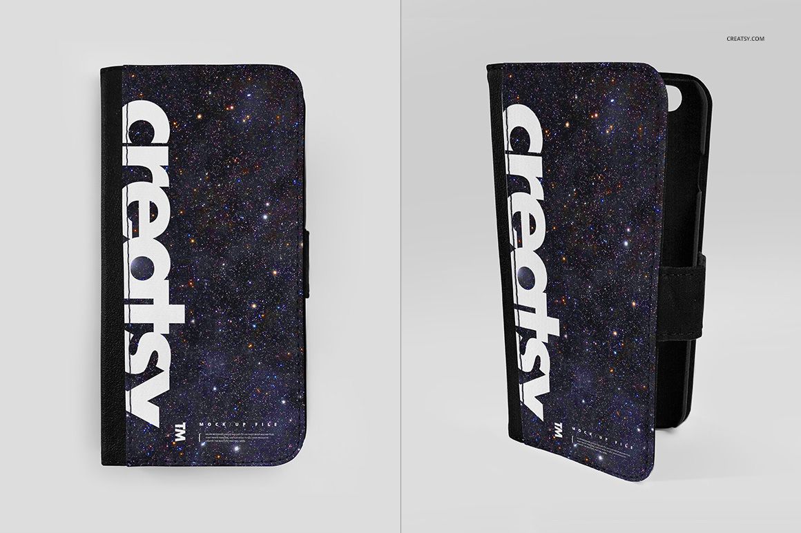 PSD mockup of a foldable phone case featuring a starry night design and large white lettering, displayed front and side.