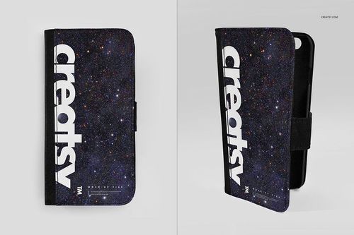 PSD mockup of a foldable phone case featuring a starry night design and large white lettering, displayed front and side.