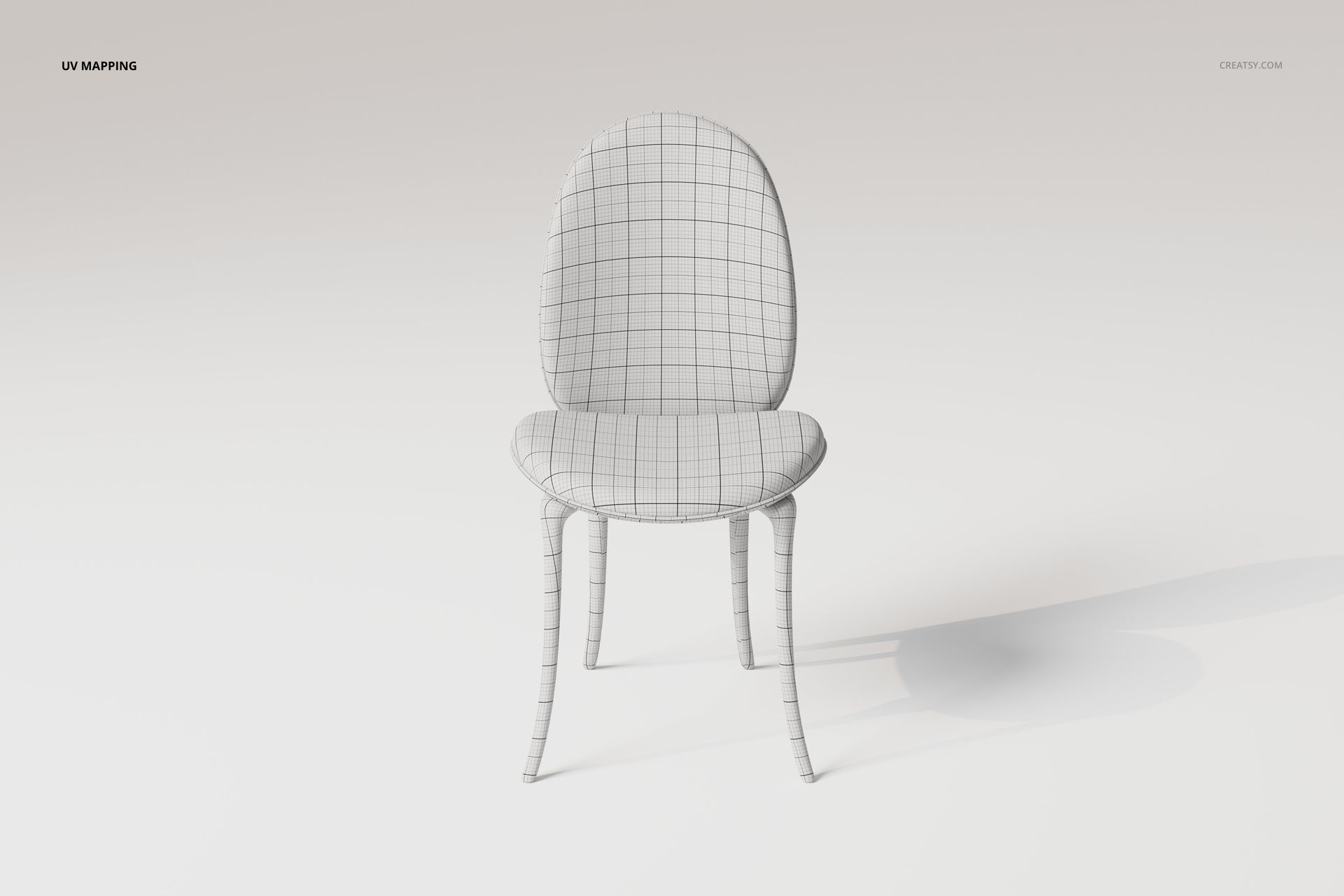 Front view of a beetle style dining chair with curved legs and a rounded backrest, covered in a white grid pattern.