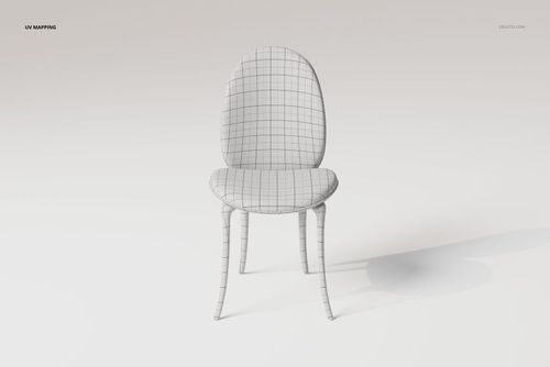 Front view of a beetle style dining chair with curved legs and a rounded backrest, covered in a white grid pattern.