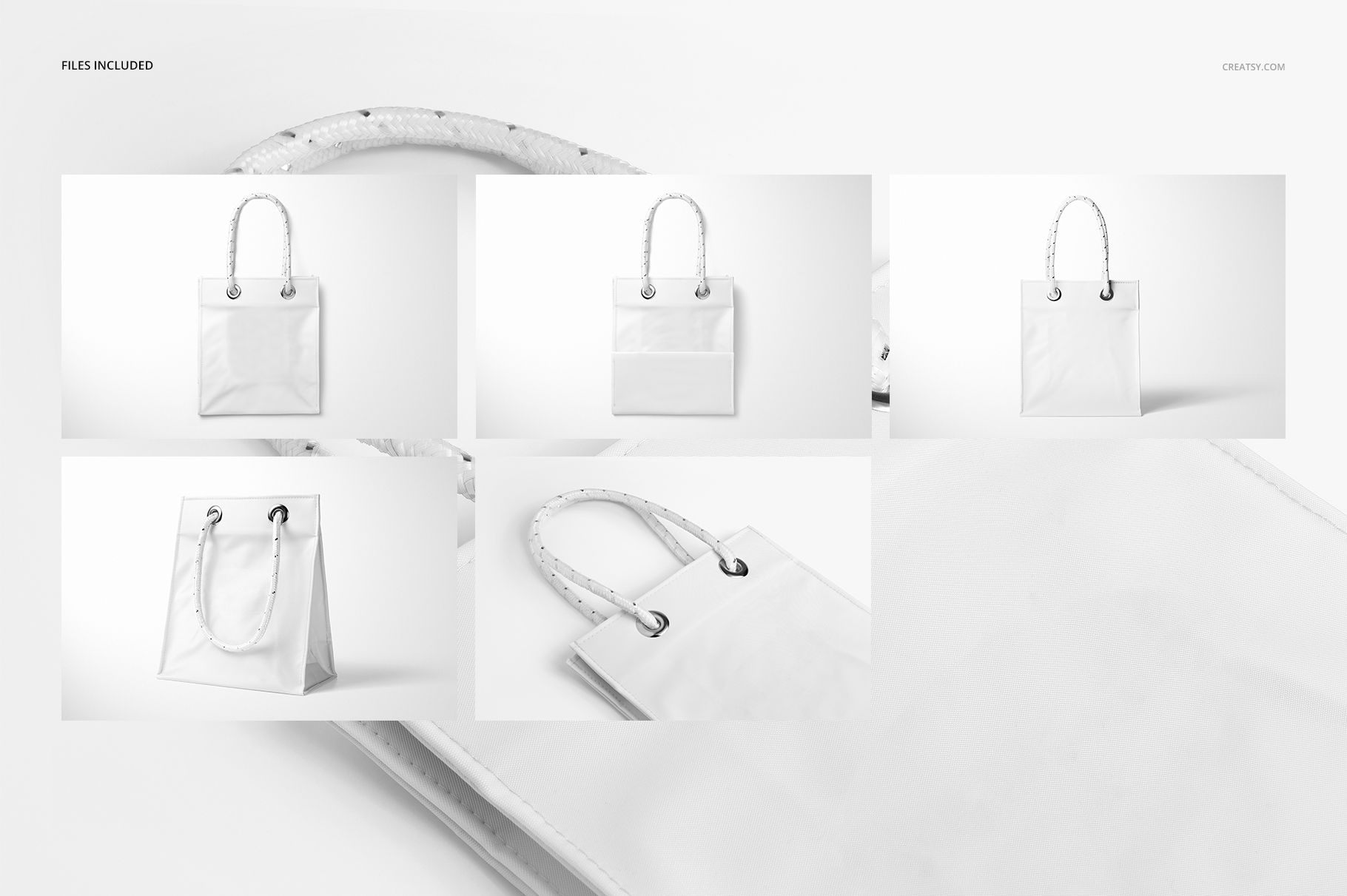 Matte PVC reusable tote bag mockup set showing five views, including front, side, and close-up details on a white background.