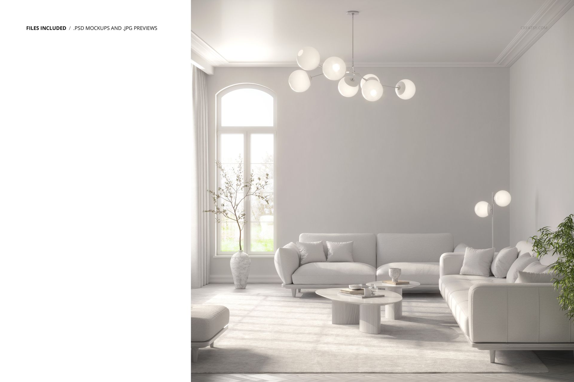 Modern living room mockup featuring white sofas, a round coffee table, and globe pendant lights in a bright space.