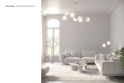 Modern living room mockup featuring white sofas, a round coffee table, and globe pendant lights in a bright space.