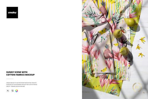 Cotton fabrics mockup featuring folded cloth with tropical and floral patterns, viewed from above in sunny lighting.
