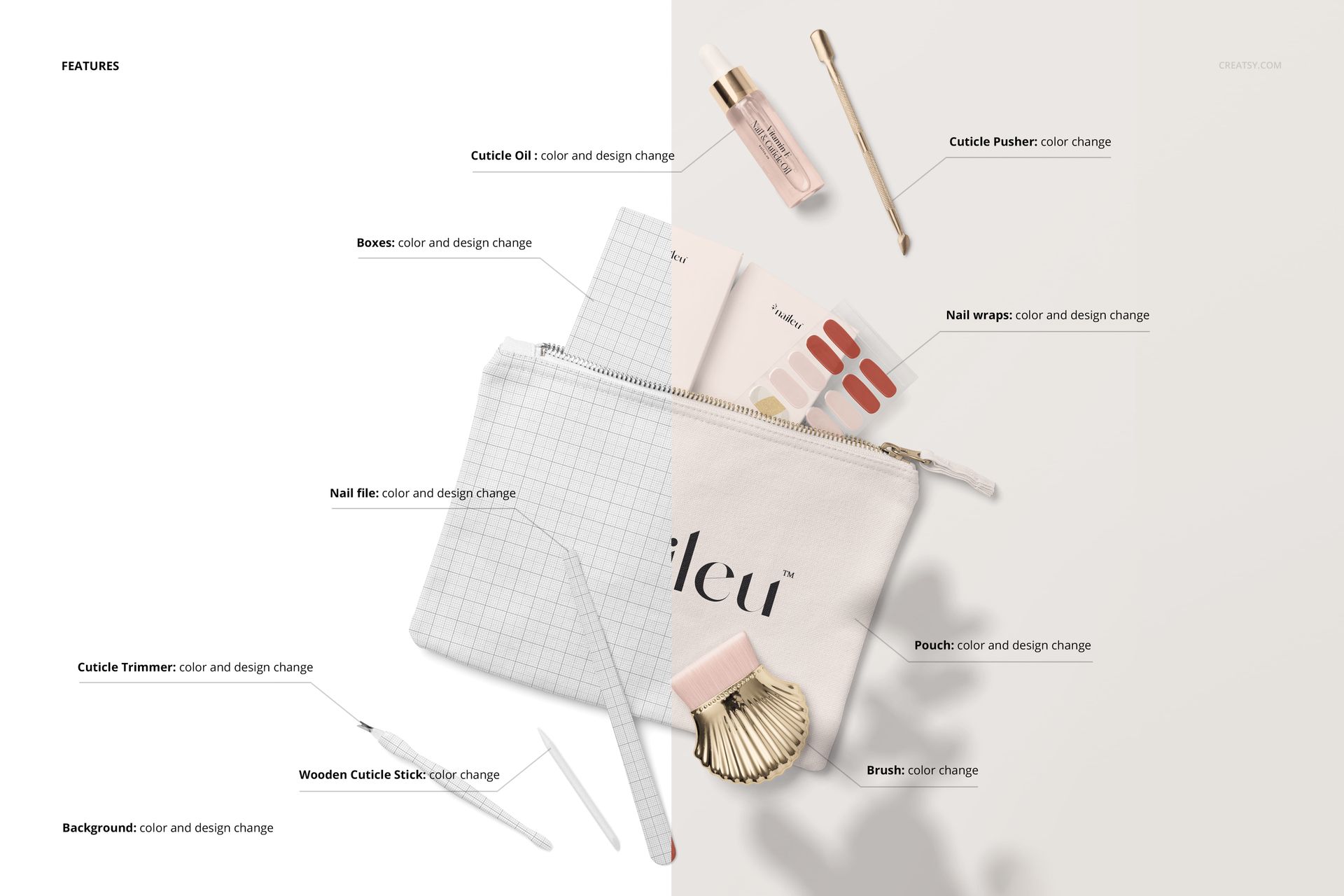 UV gel nail wraps mockup set displayed with nail care tools, pouch, and brush on a light split background.