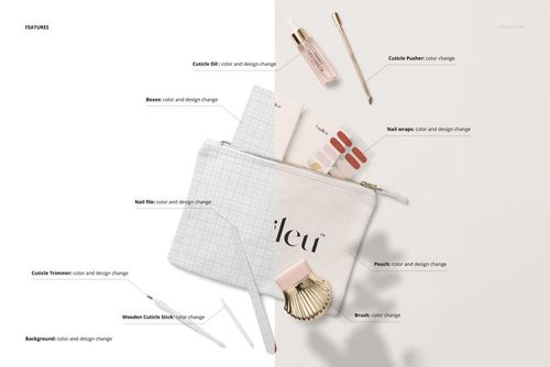 UV gel nail wraps mockup set displayed with nail care tools, pouch, and brush on a light split background.