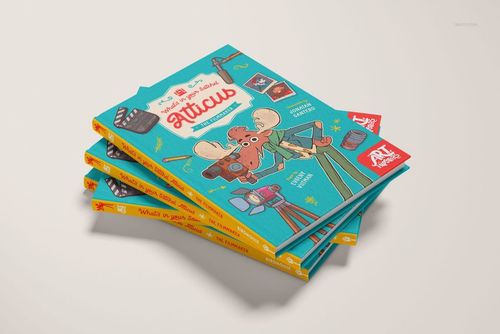 PSD mockup of hardcover books with playful cartoon artwork on turquoise covers, viewed from a slightly elevated front perspective.