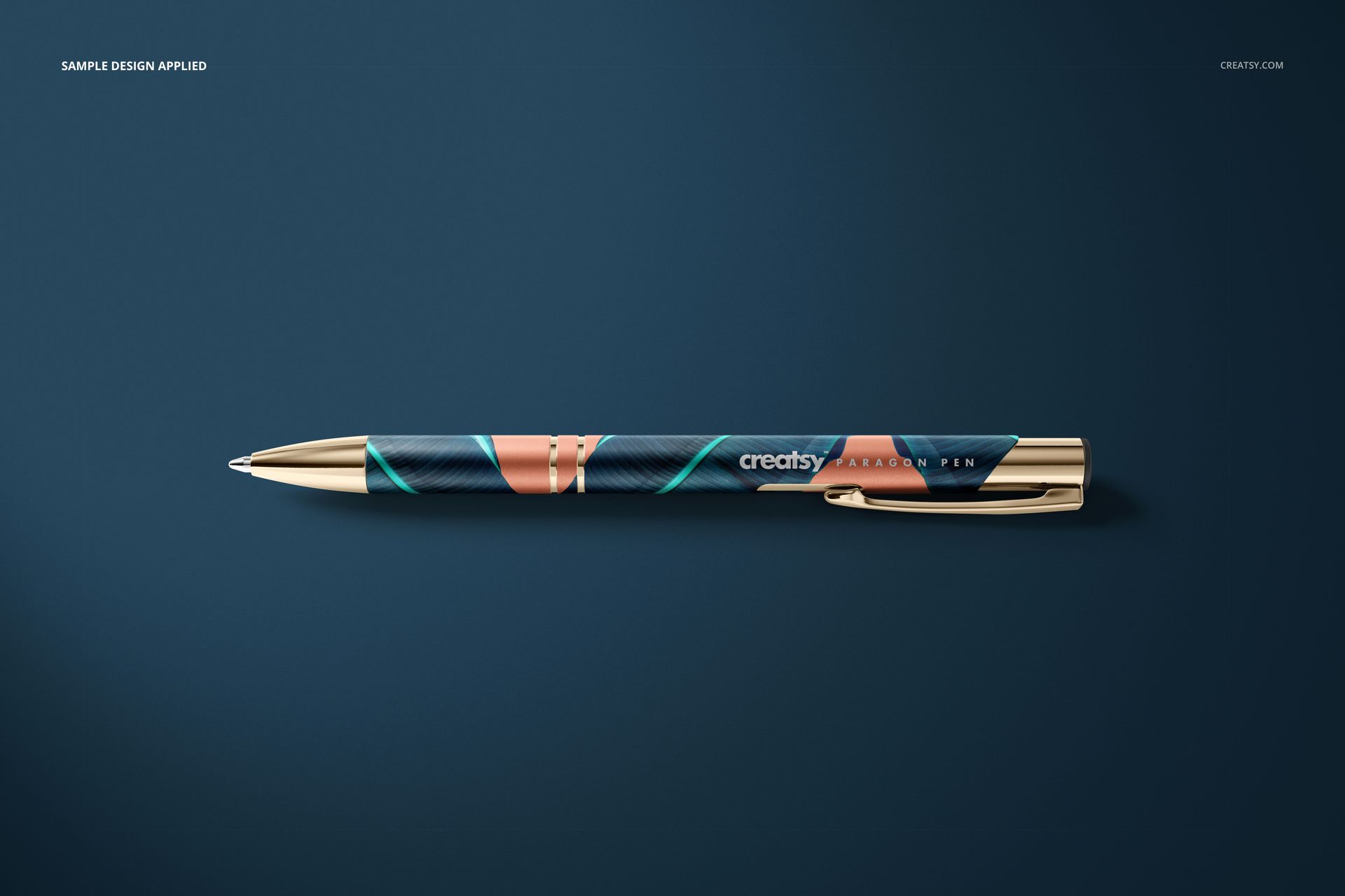 Paragon pen mockup displaying a sleek pen with gold accents and abstract colored design, viewed from above on blue surface.