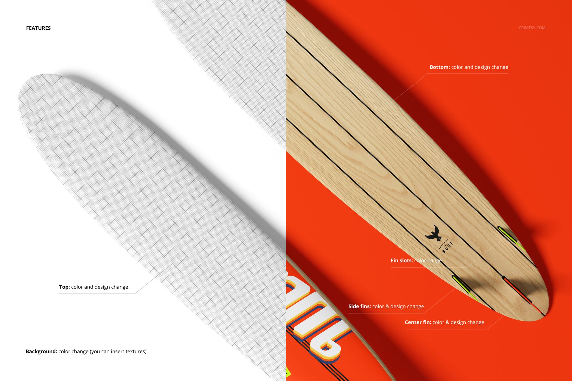 Top-down mockup of surfboard longboards, featuring a white grid design on the left and natural wood on the right.