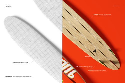 Top-down mockup of surfboard longboards, featuring a white grid design on the left and natural wood on the right.