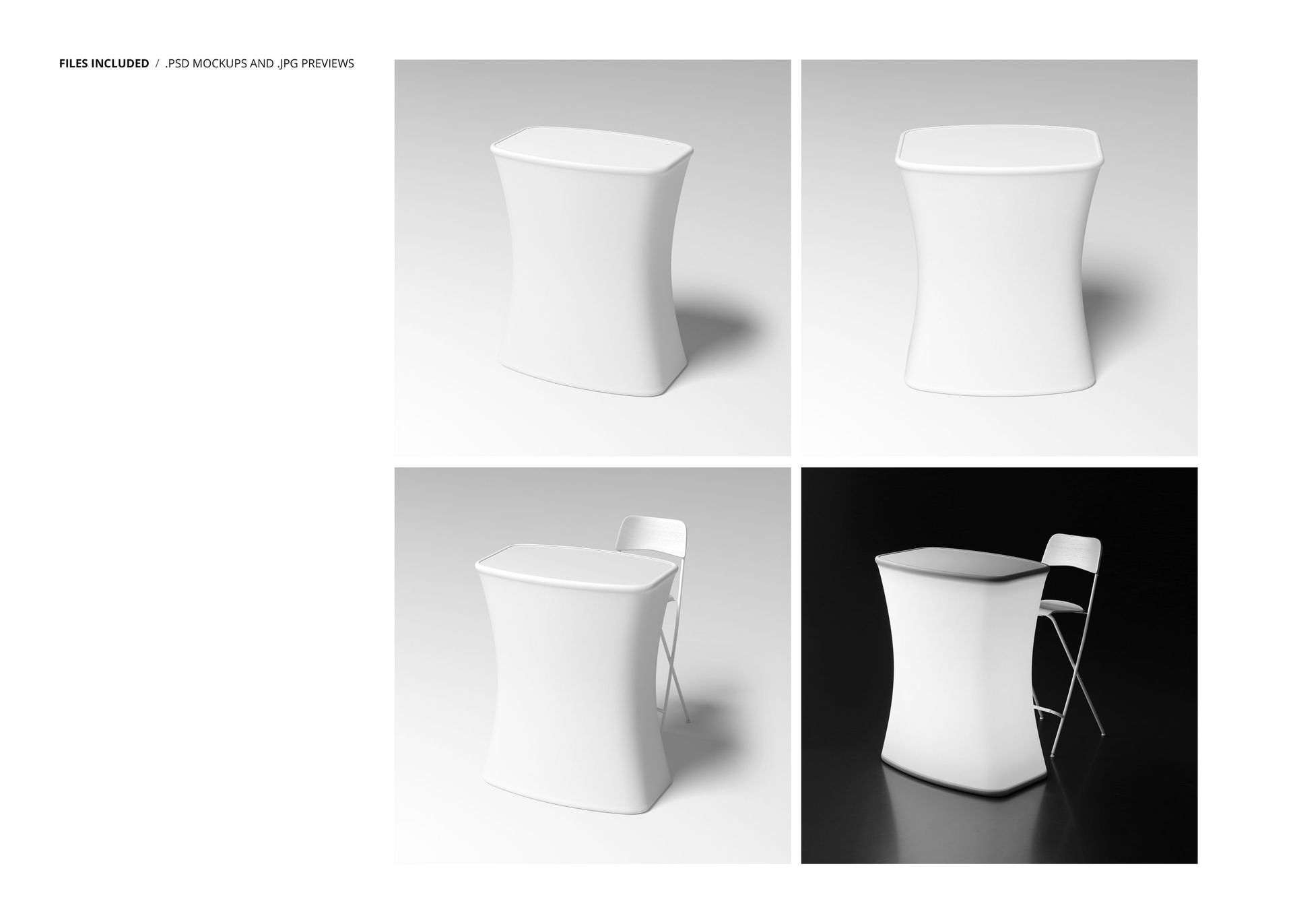 Curved white trade show counter mockup with smooth fabric surface shown from different angles, including LED-lit view.