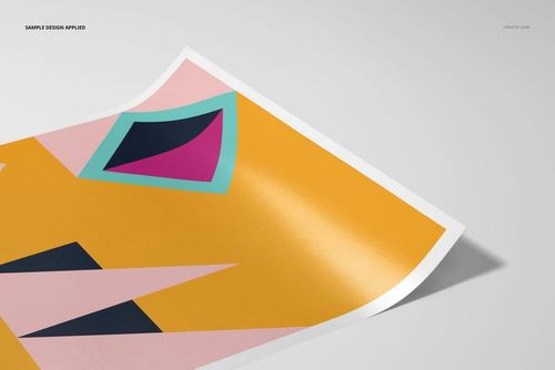 A3 fine art print mockup featuring a geometric abstract design in yellow, pink, teal, and black on textured paper.