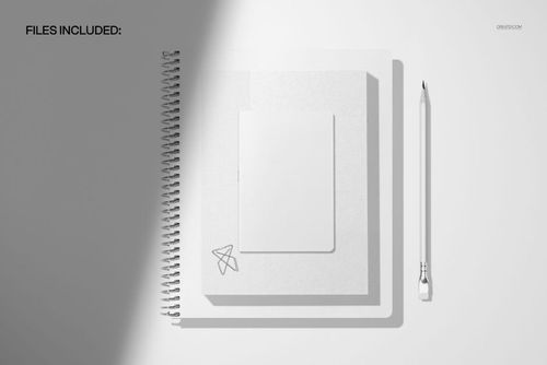Top view of a spiral notebook planner and small notebook mockup in white, with a pencil placed beside them on a light surface.