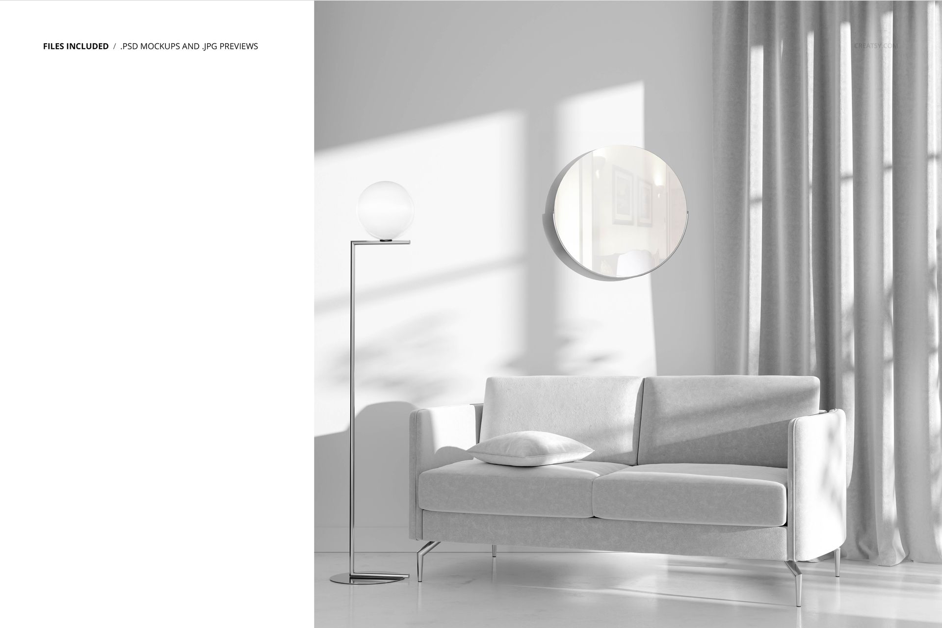 Modern classic living room mockup featuring a light gray sofa, round mirror, floor lamp, and sheer curtains in a sunlit space.