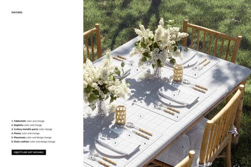 Garden table scene featuring a mockup of tablecloth, napkins, and placemats with grid design, surrounded by floral arrangements.