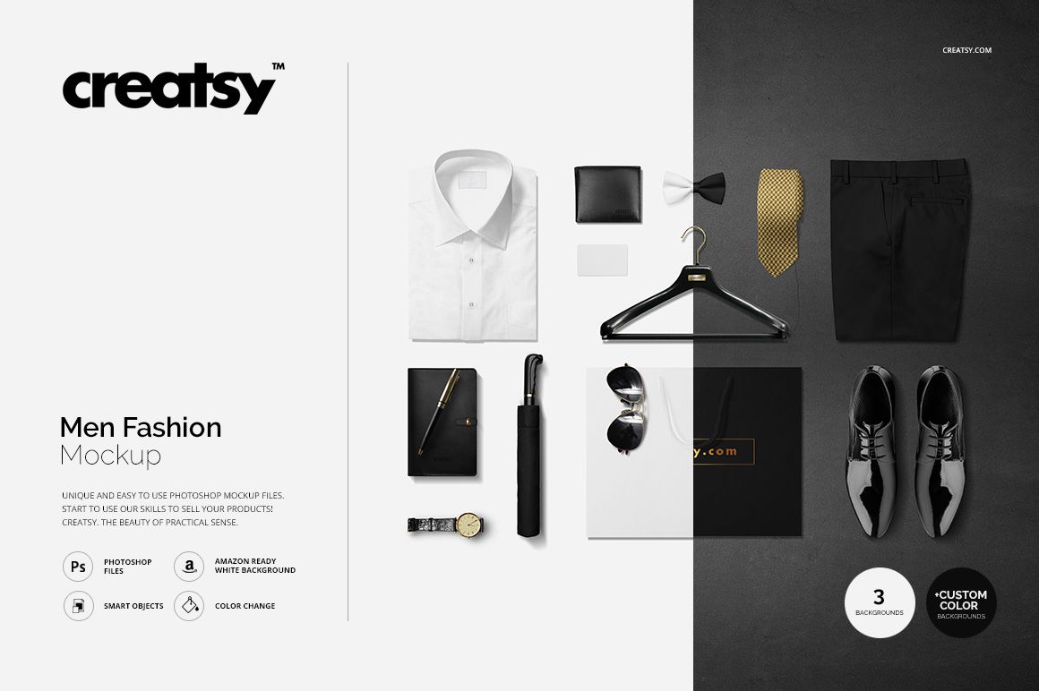 PSD mockup displaying various men’s clothing and fashion items such as shirt, trousers, wallet, bow tie, and hanger in organized layout.