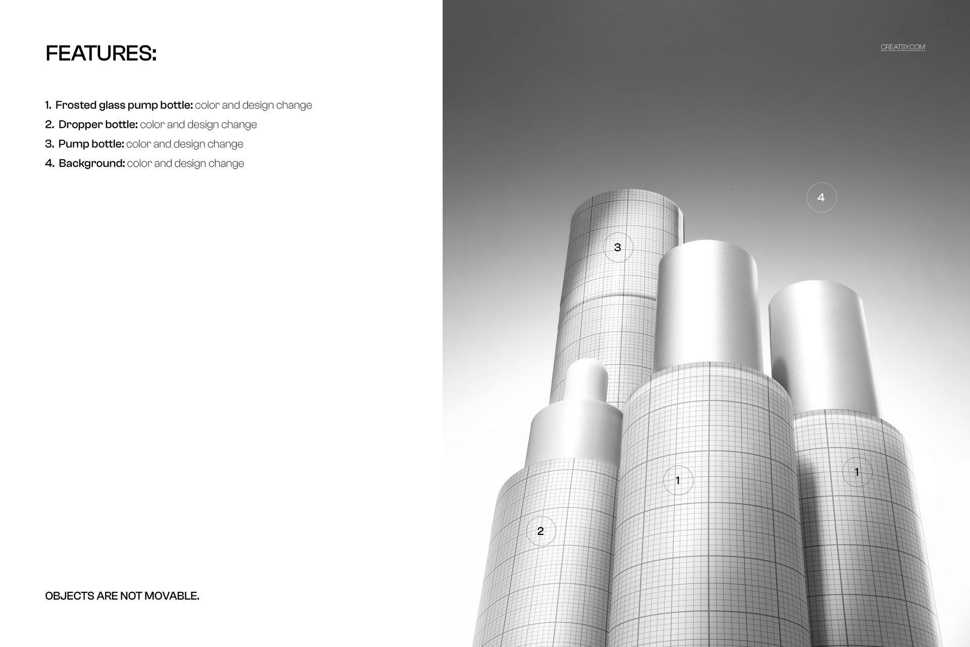 Front view of several tall cylindrical skincare bottles with frosted glass effect in a monochrome studio mockup scene.