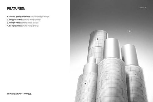 Front view of several tall cylindrical skincare bottles with frosted glass effect in a monochrome studio mockup scene.