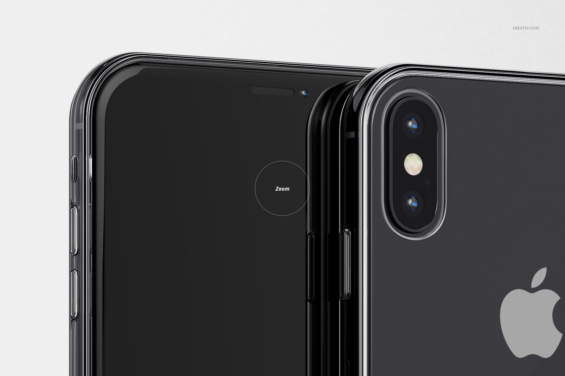 PSD mockup featuring two iPhone XS Max phones in transparent cases, highlighting the camera and logo area.