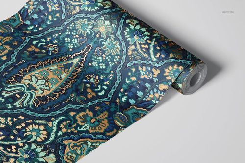 PSD mockup of a decorative wallpaper roll with intricate blue and teal floral design, photographed at an angle.