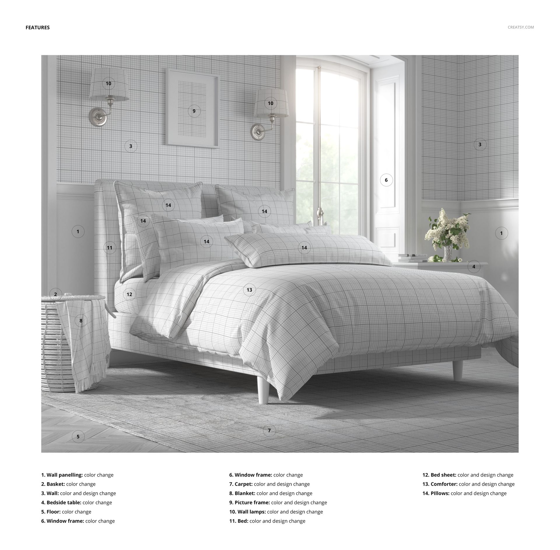 PSD mockup of a cozy bedroom with a white bed, checkered bedding, pillows, and a basket on a light rug.