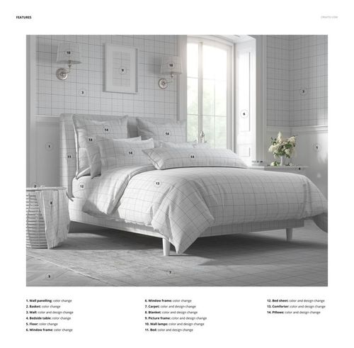 PSD mockup of a cozy bedroom with a white bed, checkered bedding, pillows, and a basket on a light rug.