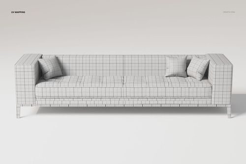 Front view of an extra long loft style sofa 3D model with grid wireframe texture and two square cushions.