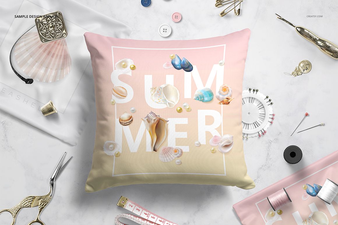 Front view of a decorative throw pillow featuring a summer-themed seashell pattern on a pink background, mockup scene.